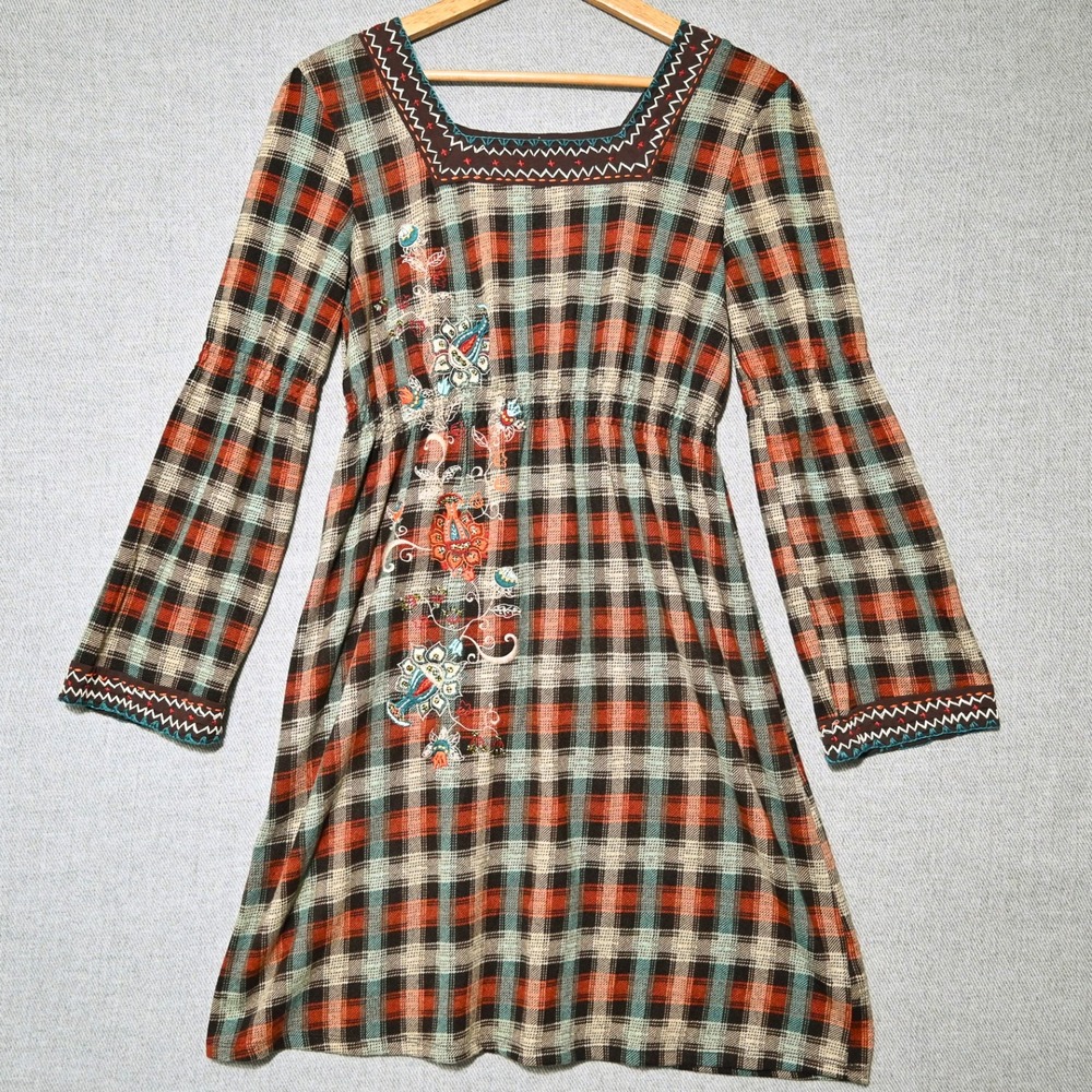 Double D Ranch Tunic Dress Womens Embroidered Plaid Empire Waist M Orange Teal